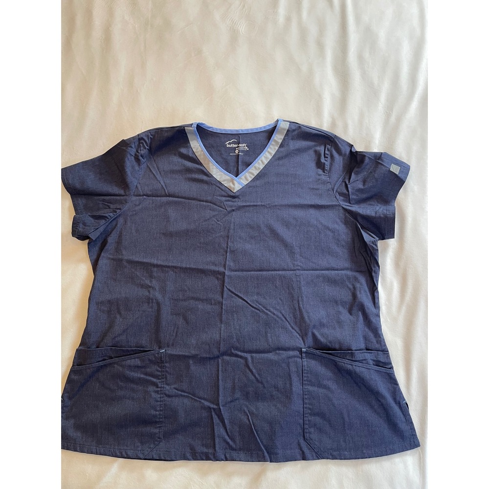 Butter-Soft Stretch Women 2X Scrub Top Heather Navy Blue V-Neck Medical Workwear